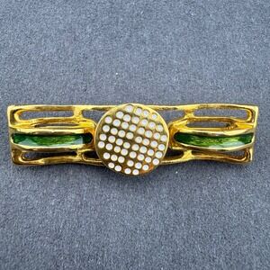Vintage Signed Dotty Smith Brooch Pin Gold Tone Green Enamel White Studded